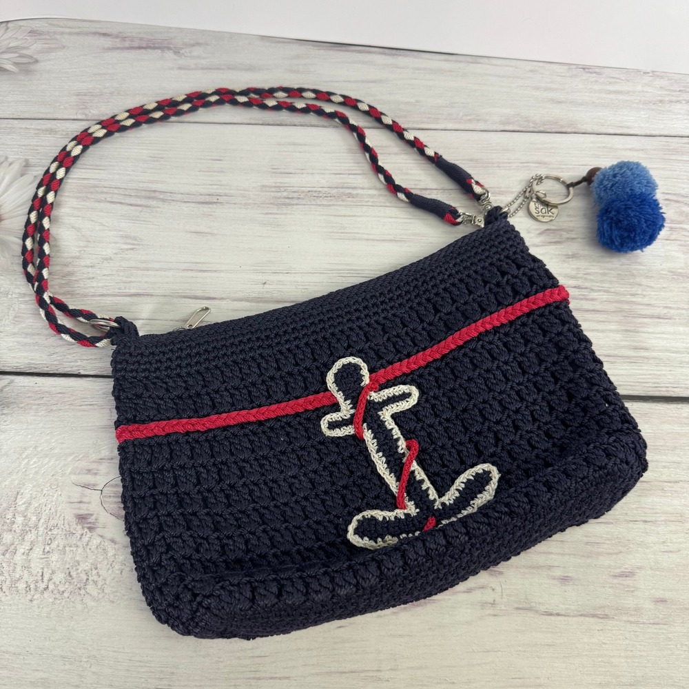 The Sak Originals Crochet Anchor Crossbody Bag Navy Blue Red Nautical